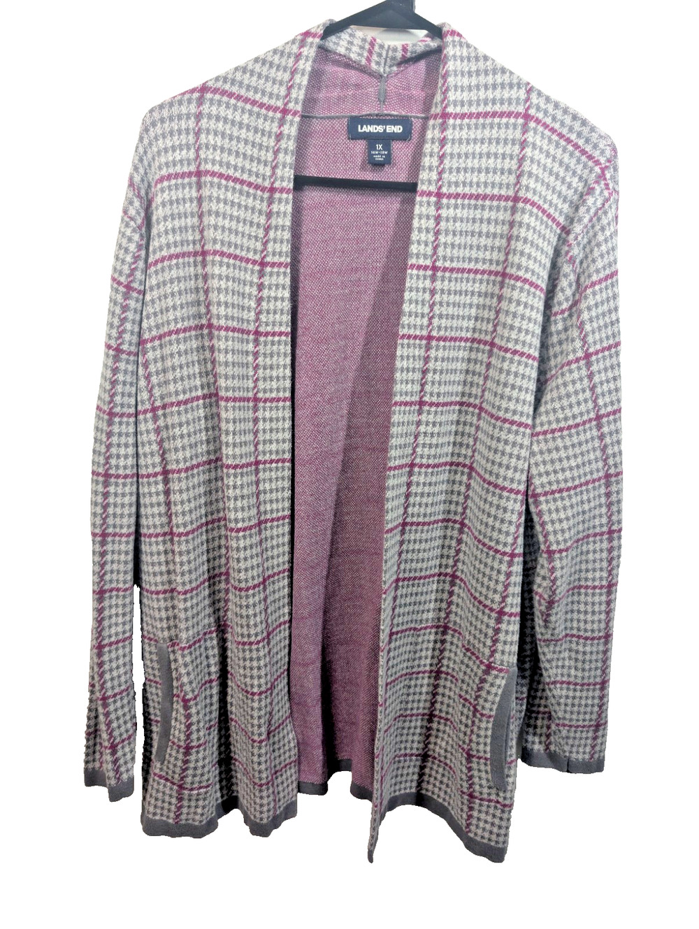 Lands End Cardigan 1X Plus Size Purple Plaid Houndstooth Open Front Long Cotton